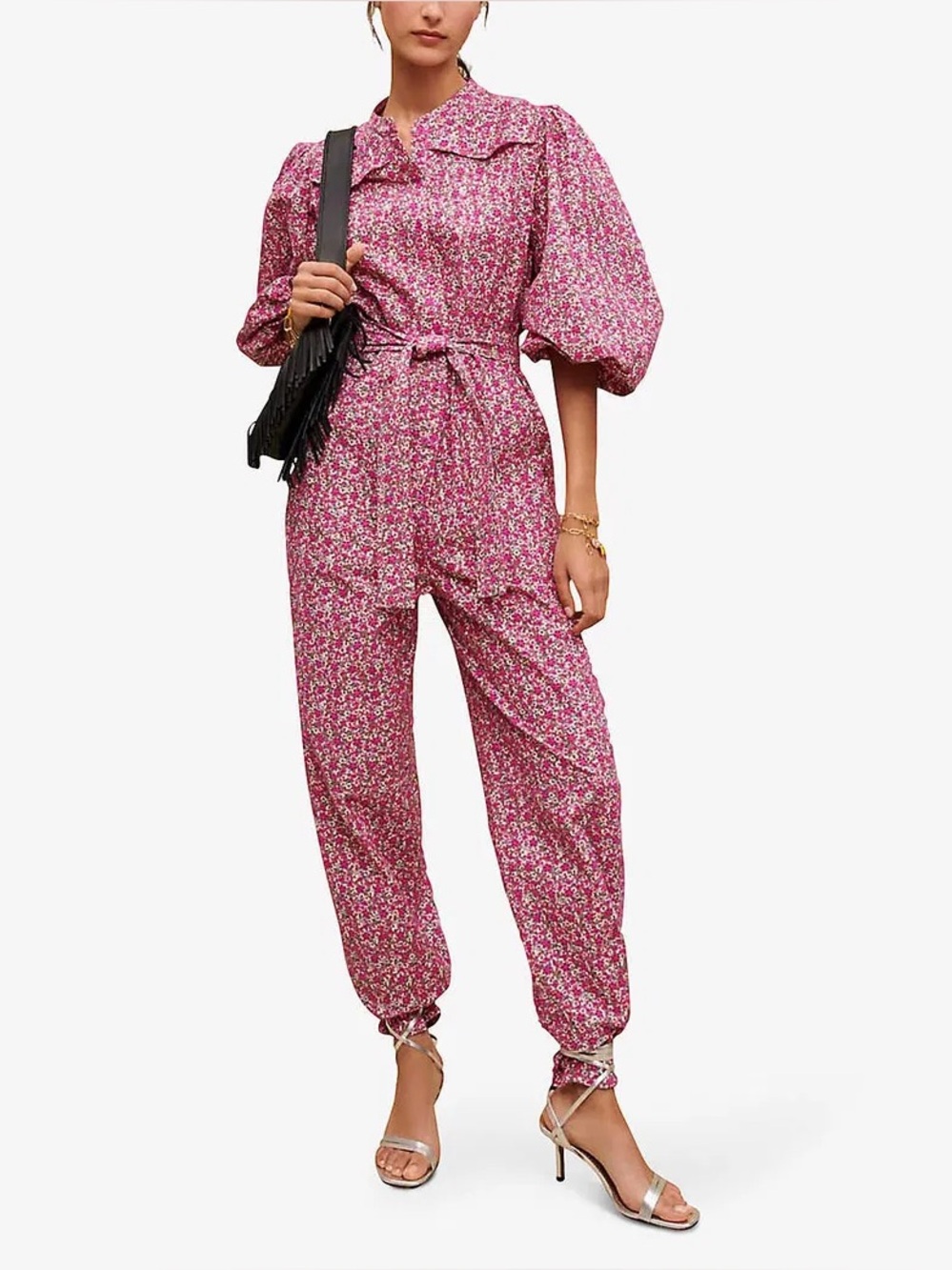 Maje Floral Puff Sleeve Jumpsuit Pink Cotton Blend Size S 36 NWT Missing Belt